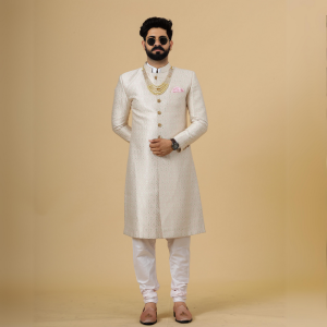 Stunning Beige Banarasi Brocade Achkan with Soft Pink Churidar | Father Son Combo | Perfect for Grooms